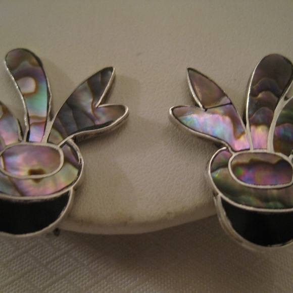 925 STERLING Abalone Mexican Earrings 1980s New - Picture 2 of 8